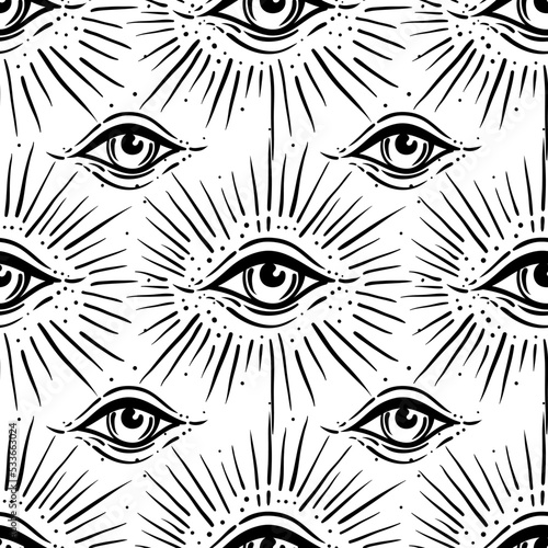 Eyes, seamless pattern over colorful dotted retro 80s, 90s abstract backgroun...