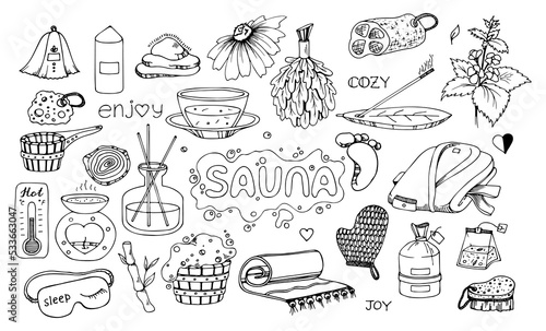 Sauna Doodle Set. Hand drawn bathing accessories. Vector outline illustration