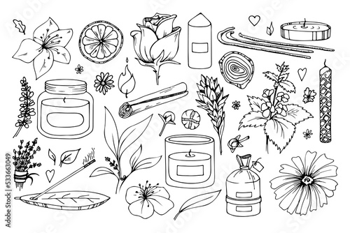 Pillar, jar candle, square, multi wick Different sizes. Decorative wax candles for relax and spa. Hand drawn doodle illustration. Line art vector set. Natural plants aroma