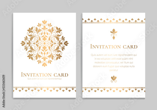 White and gold luxury invitation card design with vector ornament pattern. Vintage template. Can be used for background and wallpaper. Elegant and classic vector elements great for decoration.