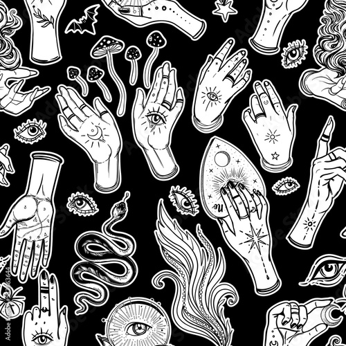 Mystic, magic, background. Religion and the occultism with esoteric and masonic symbols. Medieval manuscript inspired. Vector seamless pattern in retro style. Repeating Trendy stylish texture.