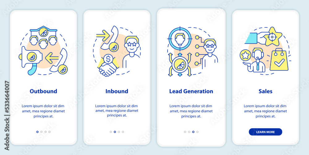 Types of telemarketing activities onboarding mobile app screen. Walkthrough 4 steps editable graphic instructions with linear concepts. UI, UX, GUI template. Myriad Pro-Bold, Regular fonts used