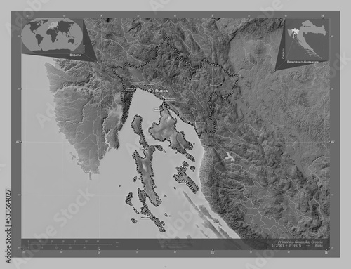 Primorsko-Goranska, Croatia. Grayscale. Labelled points of cities photo