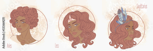 Zodiac african girls set. Fire. Vector illustration of Aries, Leo and Sagittarius astrological signs as a beautiful blackwoman. Future telling, horoscope, alchemy, fashion.