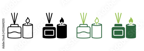 Scented Candle and Reed Diffuser Oil Silhouette and Line Icon. Aromatherapy Pictogram. Aroma Therapy Stick and Fragrance Candle in Glass Icon. Editable Stroke. Isolated Vector Illustration