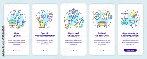 Pros of direct marketing onboarding mobile app screen. Benefits walkthrough 5 steps editable graphic instructions with linear concepts. UI, UX, GUI template. Myriad Pro-Bold, Regular fonts used