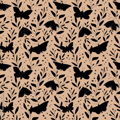 Seamless pattern silhouette of black butterflies on a beige background. Cute design for print wrapping paper, wallpaper, textile