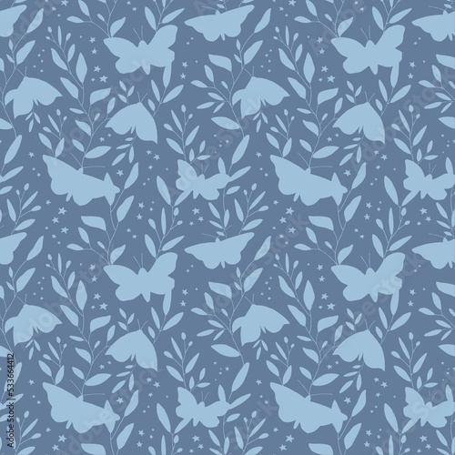 Seamless monochrome pattern: silhouette of light blue butterflies on a blue background. Cute design for print wrapping paper, wallpaper, textile