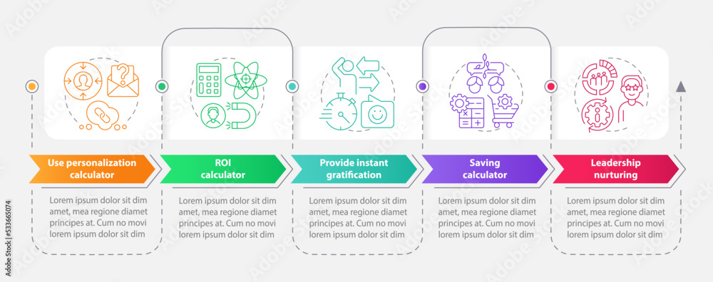 Lead retention rectangle infographic template. Marketing. Data visualization with 5 steps. Editable timeline info chart. Workflow layout with line icons. Myriad Pro-Bold, Regular fonts used Lead retention rectangle infographic template. Marketing. Data visualization with 5 steps. Editable timeline info chart. Workflow layout with line icons. Myriad Pro-Bold, Regular fonts used