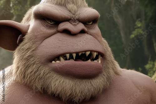 3d graphic illustration of angry fantasy ogre close up face teeth photo