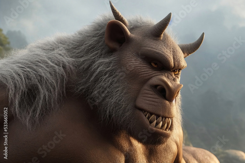 3d graphic illustration of angry fantasy ogre close up face teeth photo