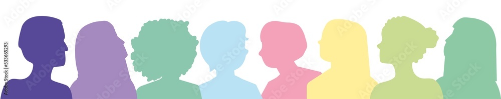 PNG. Ilustración colorida con siluetas de retratos tipo cartoon de personas diversas juntas. Armonías de color dulces, arcoiris.