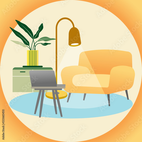 vector illustration of a work from home interior, delicate colors, for webbaners, flyers, printing cards, invitations, photo