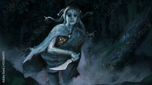 Digital painting of a gorgon female medusa character with a blade weapon emerging from the forest - fantasy illustration