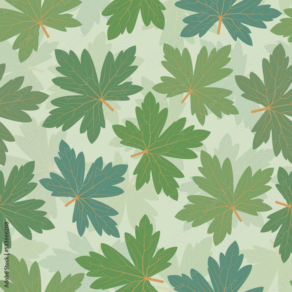Fototapeta premium Trendy decorative vector seamless floral ditsy pattern design of geranium leaves. Elegant repeating cranesbills leaves background for textile