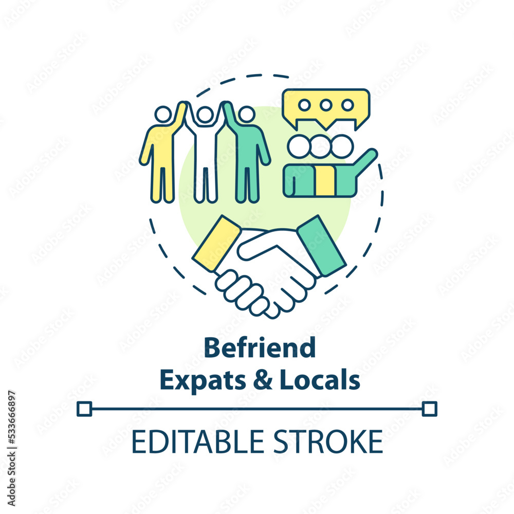 Befriend expats and locals concept icon. Become familiar with foreigners abstract idea thin line illustration. Isolated outline drawing. Editable stroke. Arial, Myriad Pro-Bold fonts used Befriend expats and locals concept icon. Become familiar with foreigners abstract idea thin line illustration. Isolated outline drawing. Editable stroke. Arial, Myriad Pro-Bold fonts used
