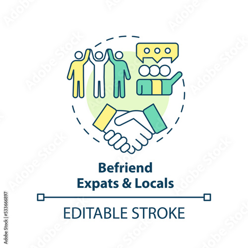 Befriend expats and locals concept icon. Become familiar with foreigners abstract idea thin line illustration. Isolated outline drawing. Editable stroke. Arial, Myriad Pro-Bold fonts used