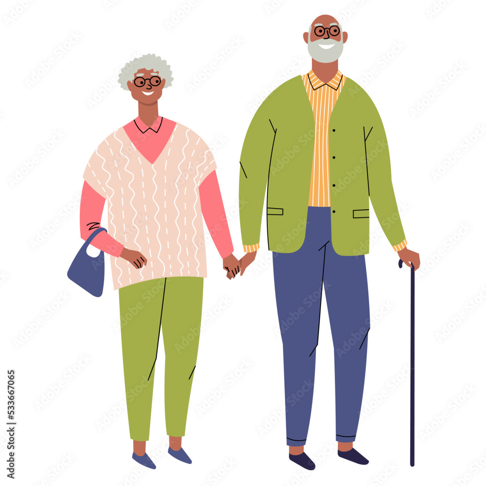 Elderly couple of old people isolated on white background. Black grandfather with a cane and grandmother holding hands. Aged man and woman standing together. Flat style vector illustration. Elderly couple of old people isolated on white background. Black grandfather with a cane and grandmother holding hands. Aged man and woman standing together. Flat style vector illustration.