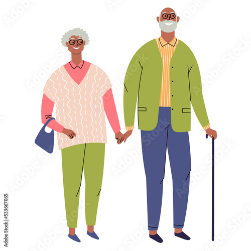 Elderly couple  of old people isolated on white background. Black grandfather with a cane and grandmother holding hands. Aged man and woman standing together. Flat style vector illustration.