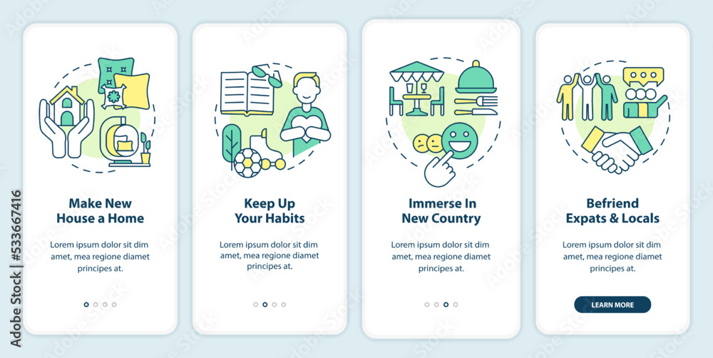 Overcome homesickness tips onboarding mobile app screen. Adaptation walkthrough 4 steps editable graphic instructions with linear concepts. UI, UX, GUI template. Myriad Pro-Bold, Regular fonts used