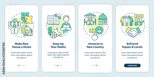 Overcome homesickness tips onboarding mobile app screen. Adaptation walkthrough 4 steps editable graphic instructions with linear concepts. UI  UX  GUI template. Myriad Pro-Bold  Regular fonts used