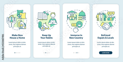 Overcome homesickness tips onboarding mobile app screen. Adaptation walkthrough 4 steps editable graphic instructions with linear concepts. UI, UX, GUI template. Myriad Pro-Bold, Regular fonts used