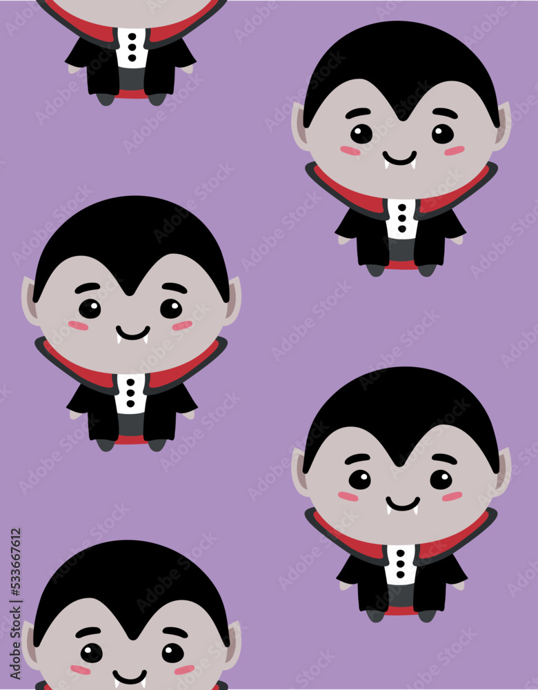 Vector seamless pattern of flat hand drawn cute vampire isolated on violet background Vector seamless pattern of flat hand drawn cute vampire isolated on violet background
