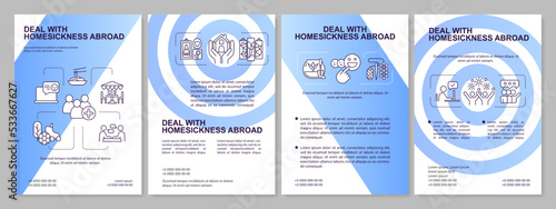 Expat adaptation abroad blue gardien brochure template. Homesickness. Leaflet design with linear icons. 4 vector layouts for presentation, annual reports. Arial, Myriad Pro-Regular fonts used