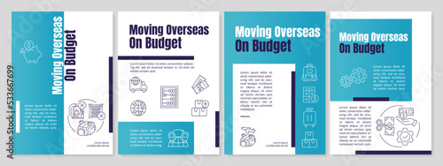 Moving overseas on budget teal brochure template. Cheap moving. Leaflet design with linear icons. Editable 4 vector layouts for presentation, annual reports. Anton-Regular, Lato-Regular fonts used