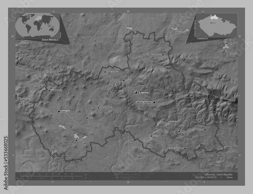 Liberecky, Czech Republic. Grayscale. Labelled points of cities photo