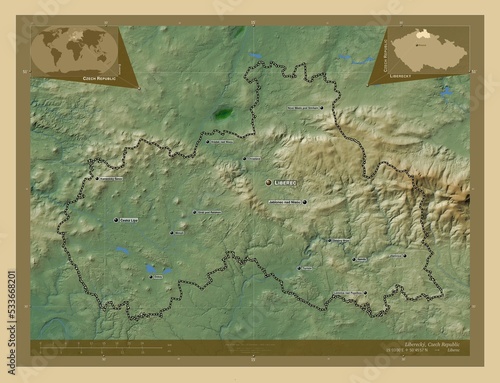 Liberecky, Czech Republic. Physical. Labelled points of cities photo