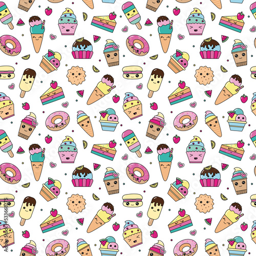 vector pattern of kawaii dessert, sweet and dessert doodle. Pattern wiht cute cake, sweet donat, cartoon cookies and macaron
