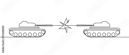 Tank battle in continuous line art drawing style. Armed conflict black linear sketch isolated on white background. Vector illustration