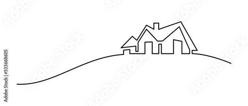 Abstract house on the hill in continuous line art drawing style. Residential building, real estate black linear design isolated on white background. Vector illustration