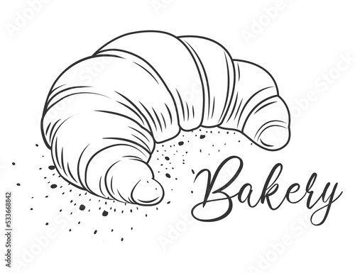 Bakery shop. Croissant. Fresh baking, for menu, cafe, bakery, logo, color and black and white illustration. delicious bread croissant bakery