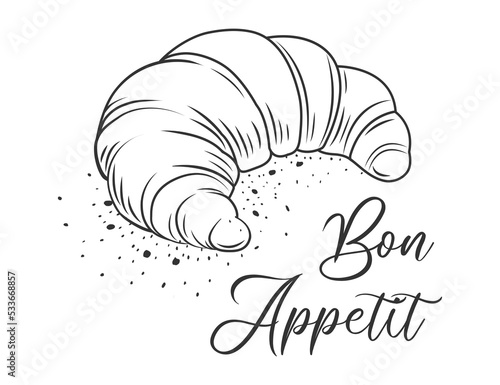 Bon appetit. Croissant. Fresh baking, for menu, cafe, bakery, logo, color and black and white illustration. delicious bread croissant bakery