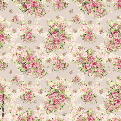  Floral seamless print bouquets of tender roses.  Abstract seamless floral print painted rose bouquets.
