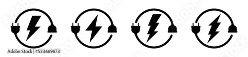 Lightning with power cord icon vector. Thunder light and electrical plug sign symbol silhouette. Flash or thunderbolt, electric power icon flat