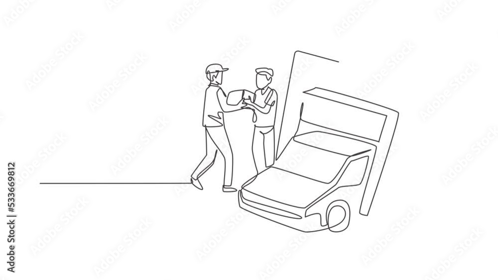 Animated self drawing of single continuous line draw delivery box car comes out partly from giant laptop screen and male courier gives package box to male customer. Full length one line animation. Animated self drawing of single continuous line draw delivery box car comes out partly from giant laptop screen and male courier gives package box to male customer. Full length one line animation.