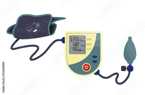 Tonometer isolated.  Measurement of blood pressure, arterial pressure. Sphygmomanometer medical device. Hypotension and hypertension prevention and treatment. Monitor of heart disease. Flat vector. 