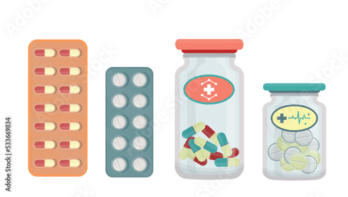 Set of tablets, pills isolated.  Bottle with pills, drugs. Flat vector illustration. 