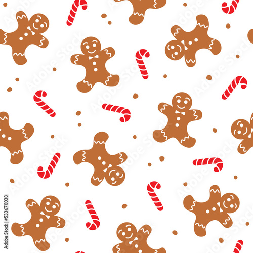 Seamless pattern with gingerbread man and candy canes on white background. Christmas and winter holiday theme. Vector illustration in flat style.