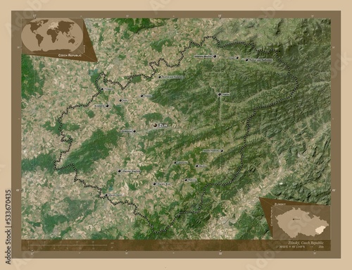 Zlinsky, Czech Republic. Low-res satellite. Labelled points of cities photo