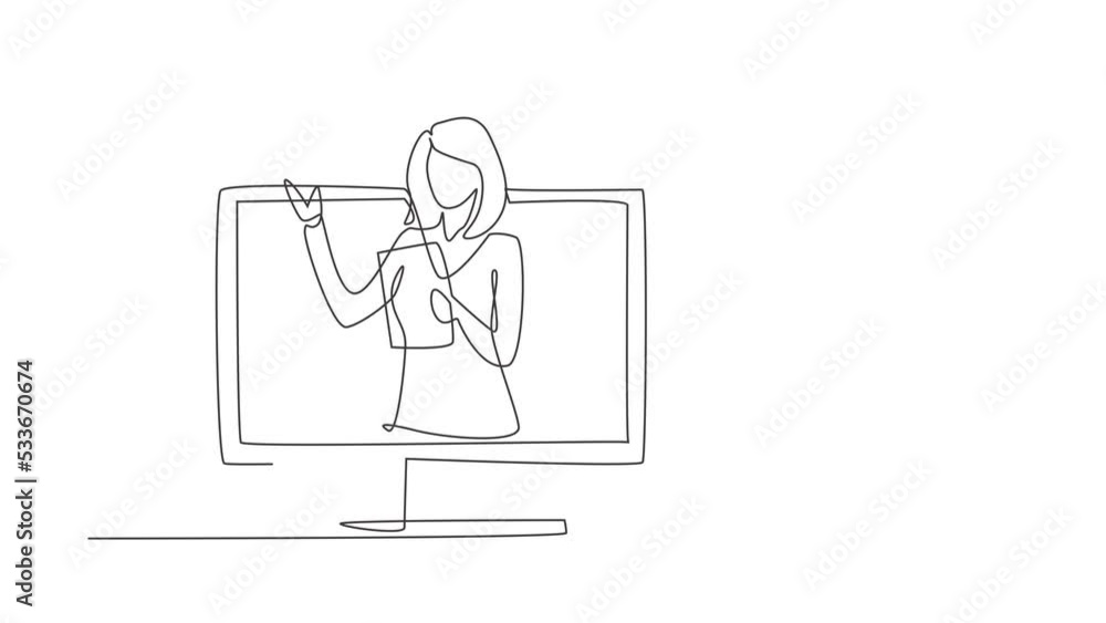 Animated self drawing of continuous line draw female teacher is teaching, half of her body is out of laptop screen and beside her is pile of books. internet class. Full length one line animation. Animated self drawing of continuous line draw female teacher is teaching, half of her body is out of laptop screen and beside her is pile of books. internet class. Full length one line animation.