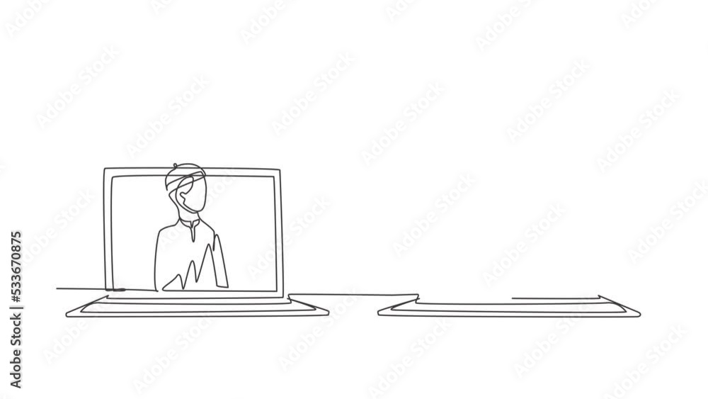 Animated self drawing of continuous line draw two laptops are standing front of each other, one side contains Arab male student, the other contains female teacher. Full length single line animation. Animated self drawing of continuous line draw two laptops are standing front of each other, one side contains Arab male student, the other contains female teacher. Full length single line animation.