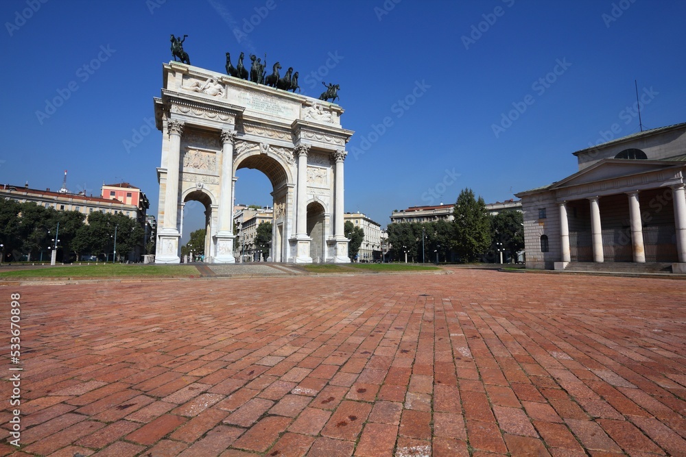 Porta Sempione, Milan city, Italy. Arch of Peace (Arco della Pace.