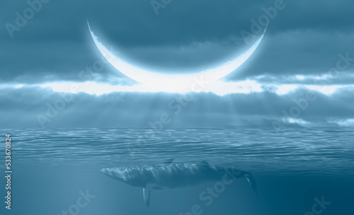 Crescent moon in the background of a whale floating above the clouds  © muratart