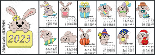 Calendar for 2023 with cute cartoon characters rabbits. Vertical