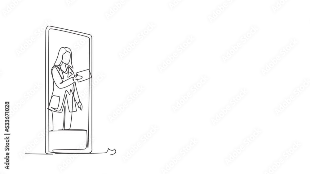 Self drawing animation of single one line draw male patient receiving prescription from female doctor in smartphone. Online medical consultation concept. Continuous line draw. Full length animated. Self drawing animation of single one line draw male patient receiving prescription from female doctor in smartphone. Online medical consultation concept. Continuous line draw. Full length animated.