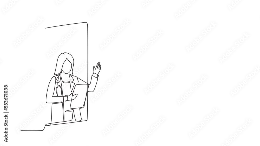 Self drawing animation of single one line draw female doctor comes out of smartphone screen holding clipboard. Online medical services, medical consultation. Continuous line draw. Full length animated Self drawing animation of single one line draw female doctor comes out of smartphone screen holding clipboard. Online medical services, medical consultation. Continuous line draw. Full length animated